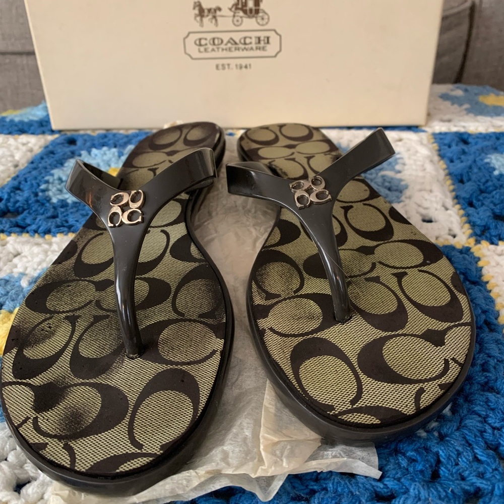 Coach Trixie Brown Khaki Signature Logo Jelly Flip Flops
